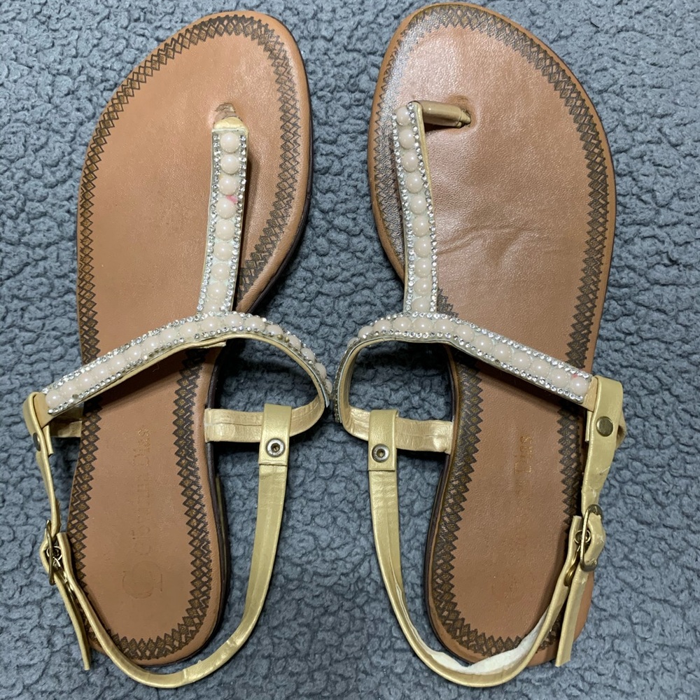 🌟Brazilian leather, open-toes flats pearl - golden thread